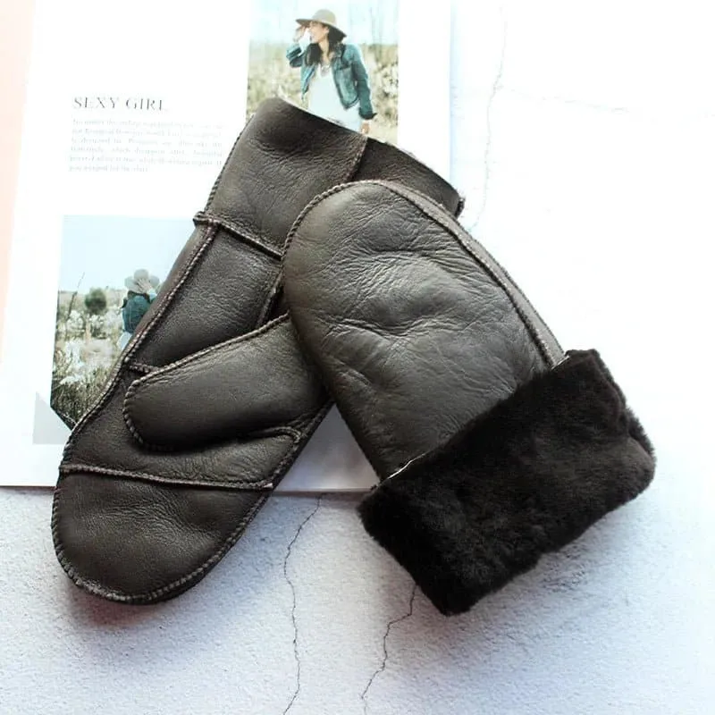 Sheepskin Leather Wool Mittens with Genuine Leather and Sheepskin Fur