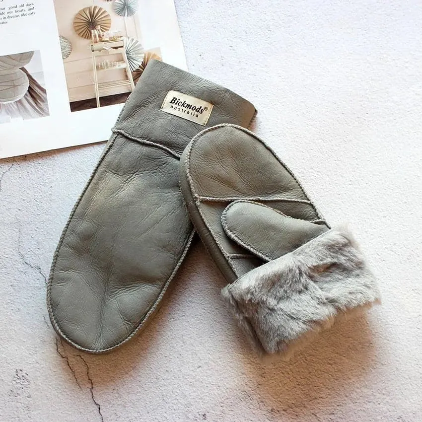 Sheepskin Leather Wool Mittens with Genuine Leather and Sheepskin Fur