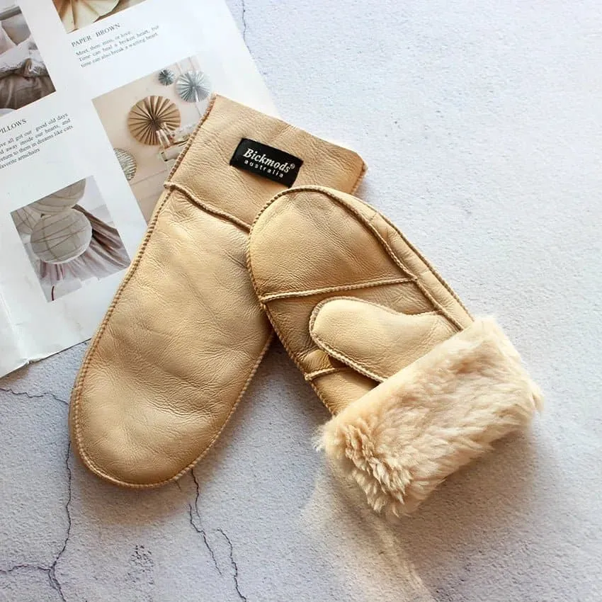 Sheepskin Leather Wool Mittens with Genuine Leather and Sheepskin Fur